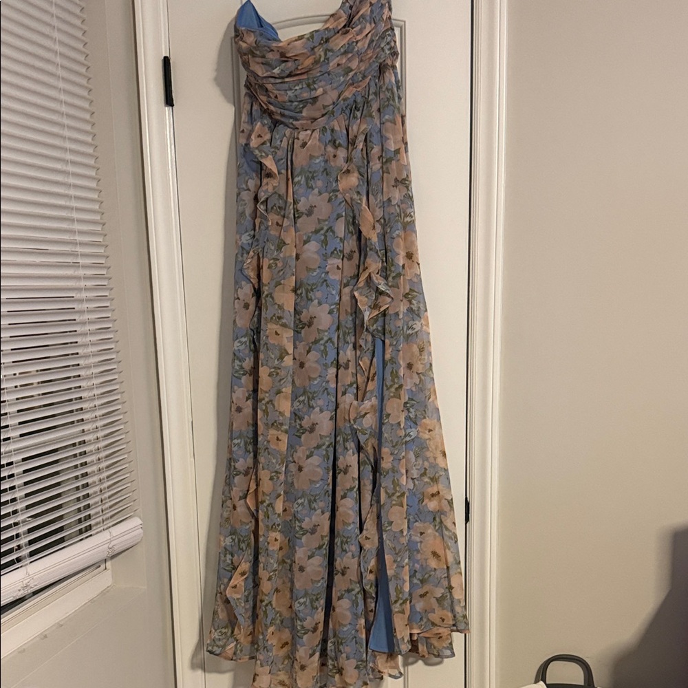 Fashion Nova Blue and Beige Floral Maxi Dress